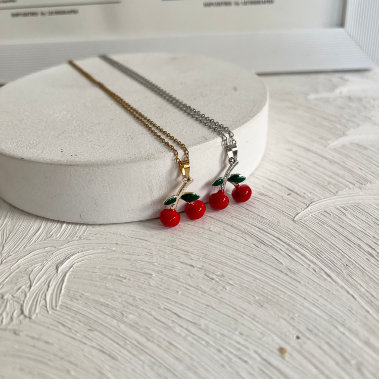 گردنبند و گوشواره گیلاس قرمز سه بعدی طلایی و نقره ای